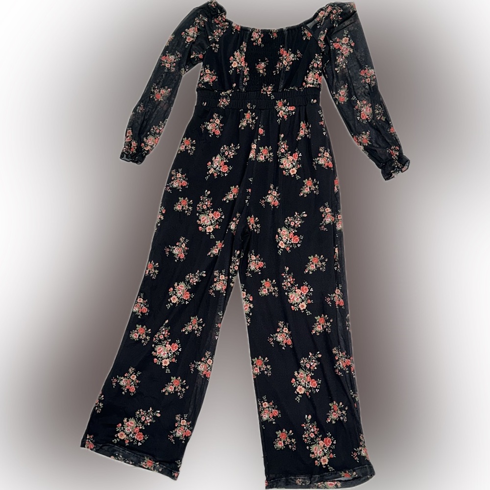 The Pink Hearts Girls Black Floral Long Sleeve Off-Shoulder Jumpsuit Size M - Picture 3 of 6